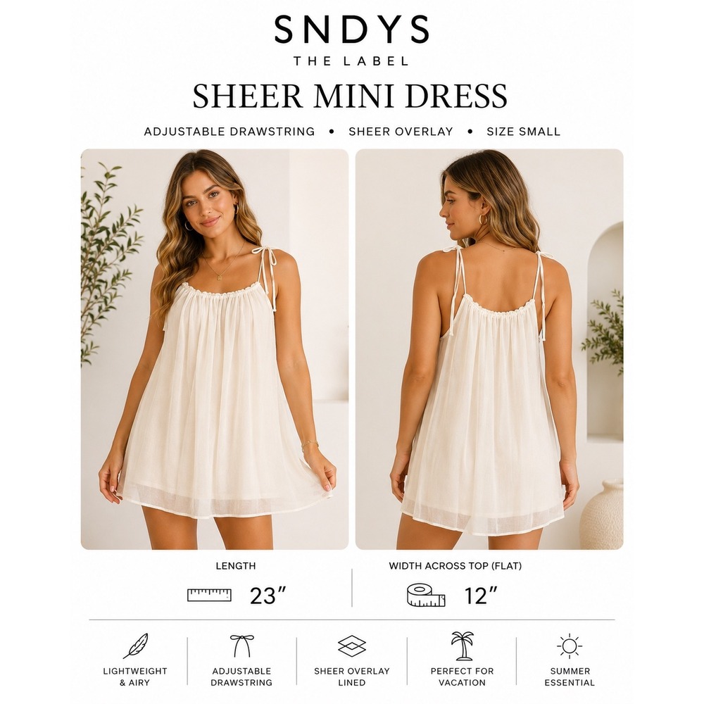 SNDYS Ivory Sheer Chiffon Babydoll‎ Mini Dress Boho Sz S